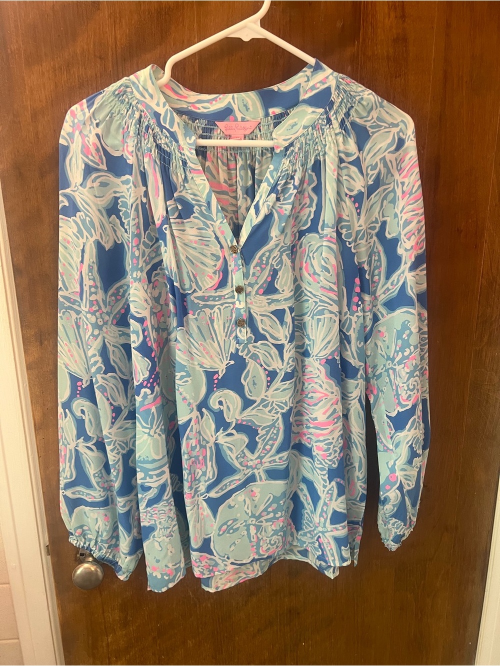 Lilly Pulitzer Blue Floral Smocked-Yoke Tunic with Pink & Mint Accents